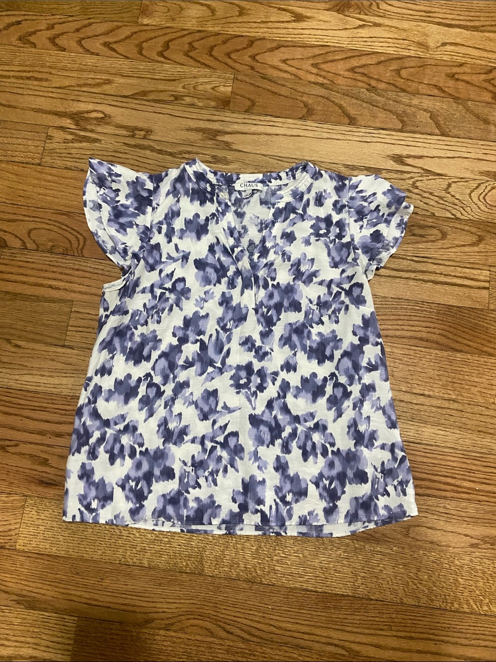 Chaus Girls Purple Floral Flutter Sleeve Tee on White
